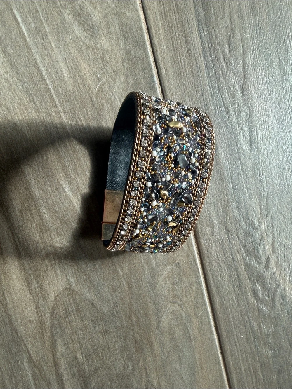 Embellished Gold and Black Beaded Cuff Bracelet - magnetic clasp
